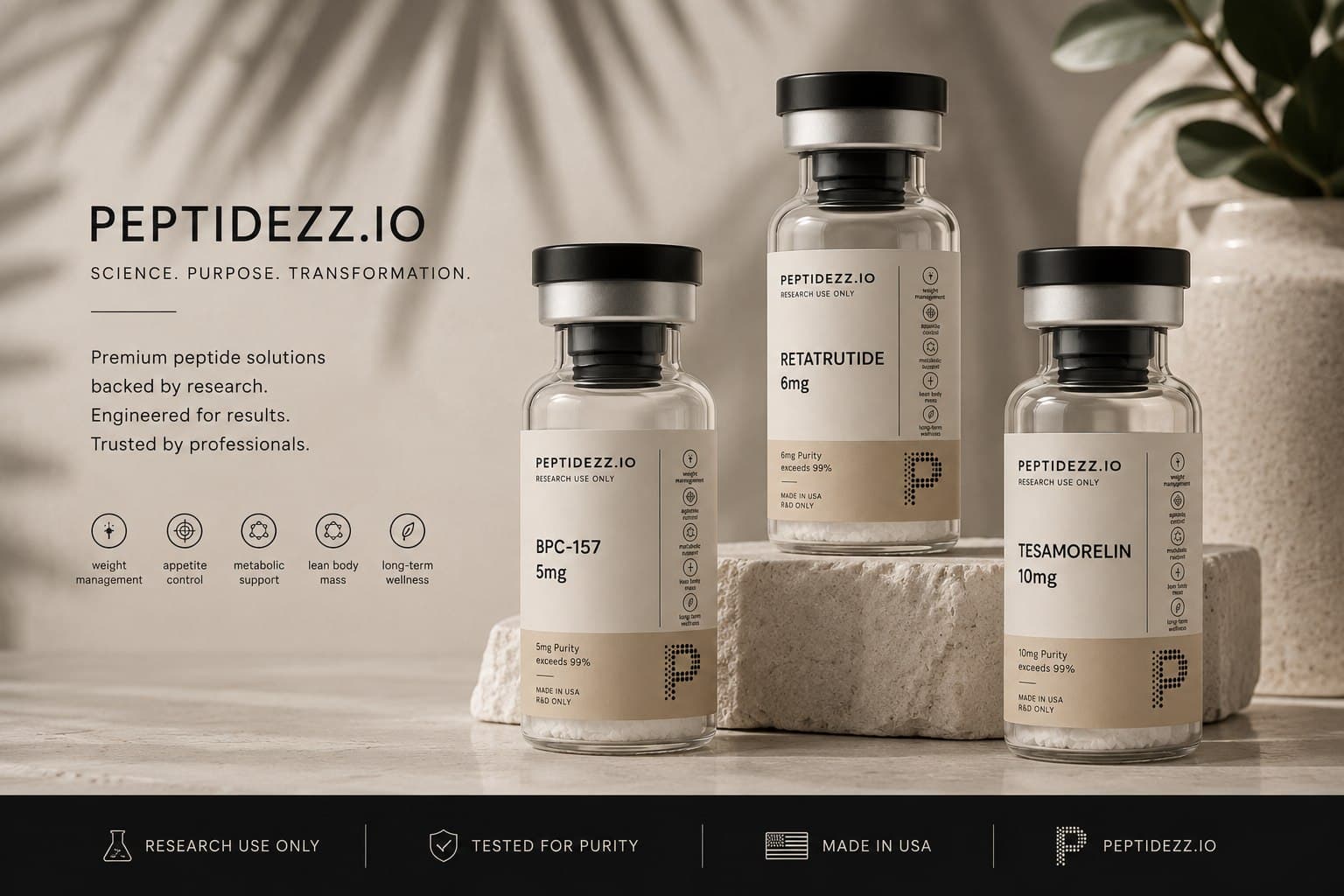 Three Peptidezz vials of lyophilised peptide: Retatrutide 6mg, BPC-157 5mg, and Tesamorelin 10mg